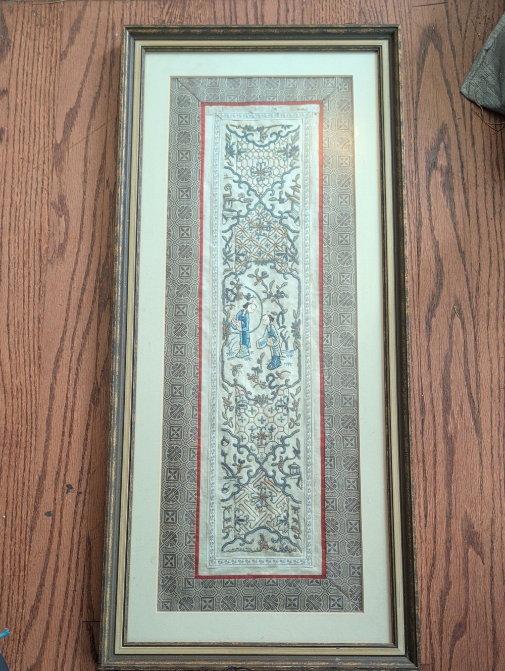 Antique Framed Blue and Beige Framed Silk Ornamental Wall Art